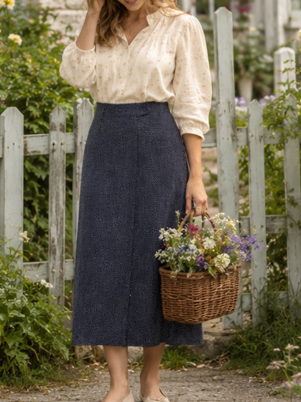 100% Silk Navy Blue Midi Skirt - Classic A-Line Women’s Skirt